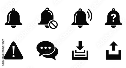 Vector art of collection of solid black notification icons representing alerts, messages, and communication for app and web design