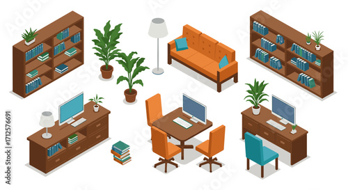 Modern office furniture and decor in isometric style with computers and shelves
