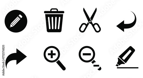 Vector art of set of solid black icons representing common editing and utility tools for software and graphic design applications