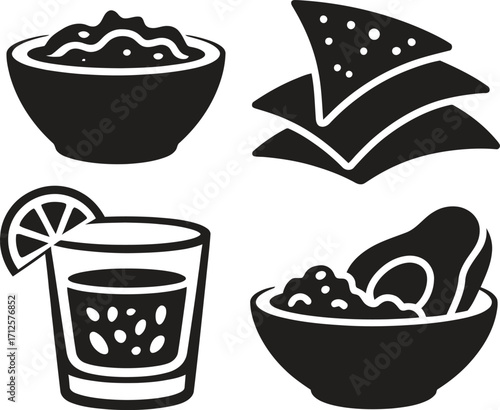 Mexican food and drink icons including guacamole and nachos