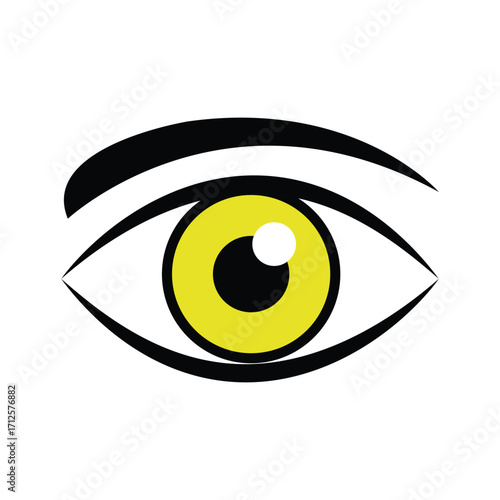 Simple cartoon eye features a yellow iris with black lines over white background