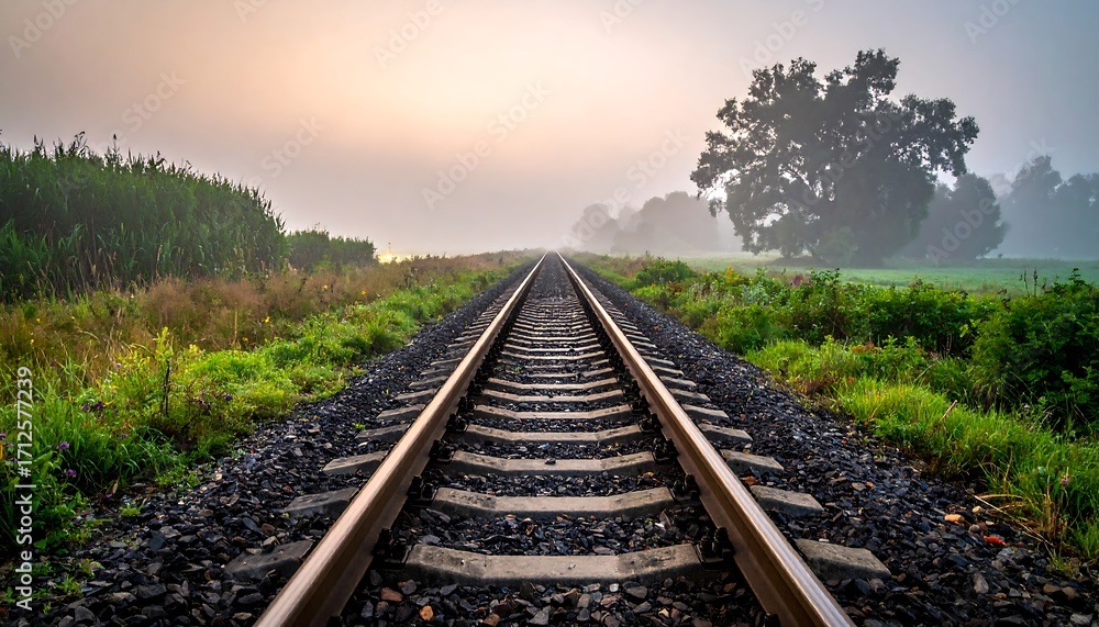 Obraz premium Railroad tracks through a foggy landscape at sunrise