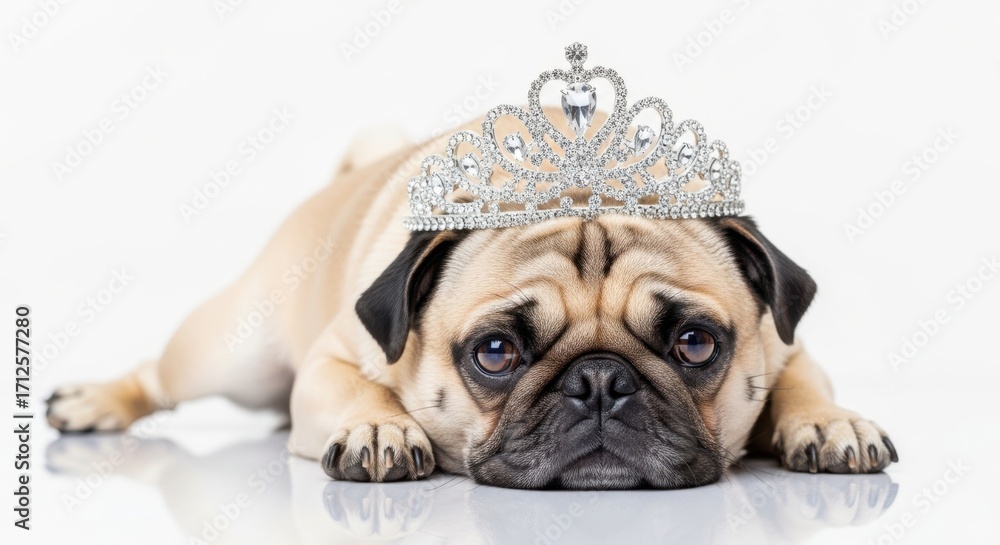 Obraz premium Cute pug wearing a tiara, isolated on white background