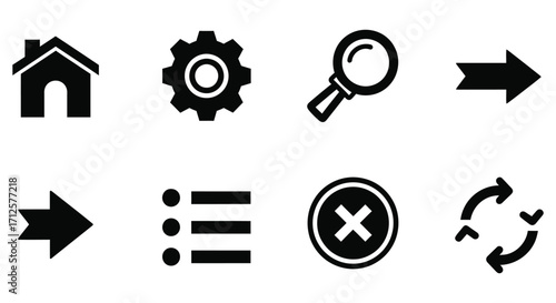 Vector art of set of essential user interface icons in bold black, including home, settings, search, arrows, list, and cancel, ideal for web and app design