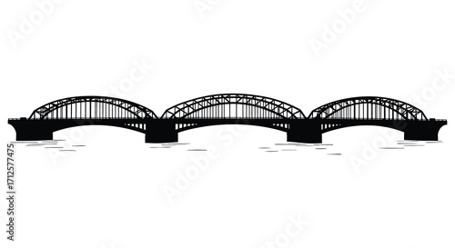 A striking black and white illustration of an arched bridge silhouette