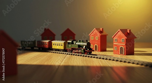 Miniature toy train set and red toy buildings, sitting on a simple wood flooring, faint light in the background, warm yellow tones