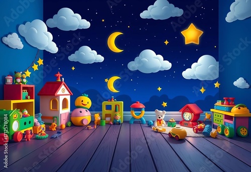 Nighttime cartoon room scene; colorful toys, wooden floor, clouds, stars, blue sky backdrop, scrapbook, cute