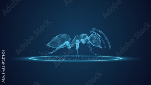 Ant scanning effect in HUD scan motion animation on dark blue screen for detecting problem solution