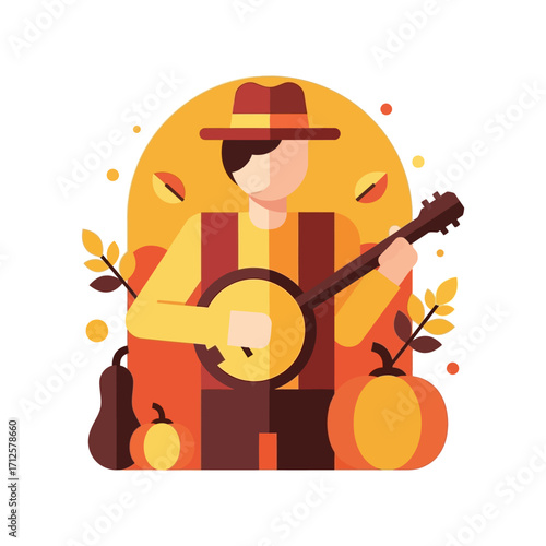 Autumn Banjo Player with Pumpkins Illustration