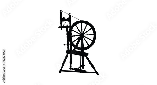 Vintage spinning wheel depicted in a stark black and white silhouette