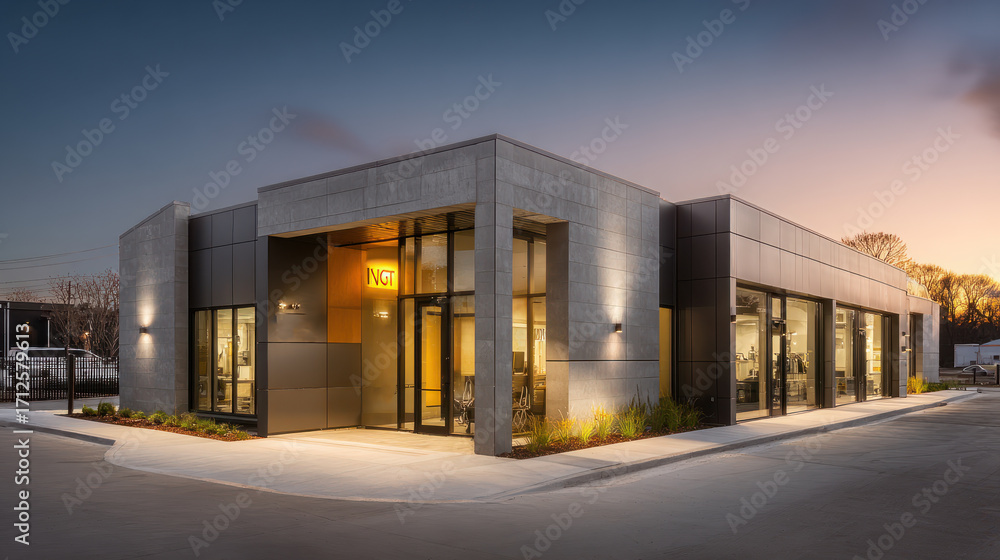 Fototapeta premium The modern architectural building is captured during the golden hour, showcasing an elegant design.