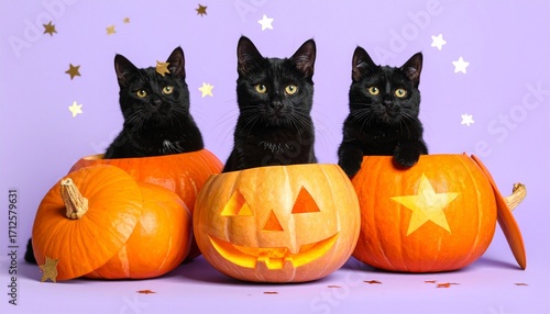 Halloween Cats and Pumpkins: Three black cats peep from inside carved pumpkins, their eyes gleaming against a backdrop of playful decorations, and an atmosphere of spooky joy.
