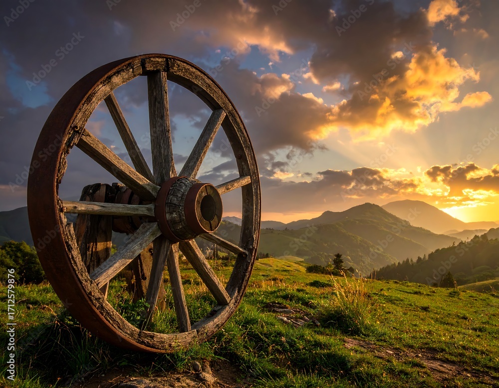 Fototapeta premium Rustic wagon wheel at sunset