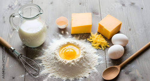 Rustic Baking Ingredients Laid Out on a Wooden Surface Ready for Preparation