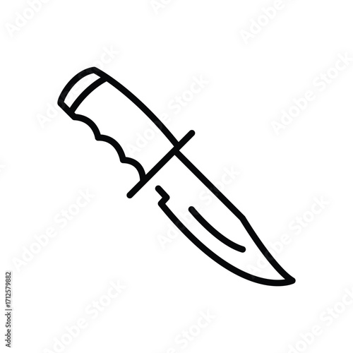 A black lineart drawing shows a hunting knife It has a curved handle and a thick blade with a curved edge. Line icon. Editable stroke