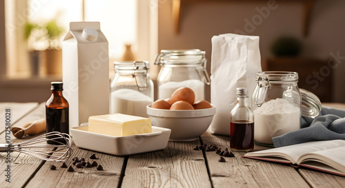 Baking ingredients arranged on a rustic wooden table with natural window light creating a warm and