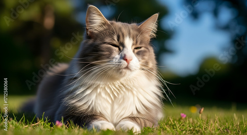 Relaxed norwegian forest cat basking in sunlight in a serene outdoor environment capturing