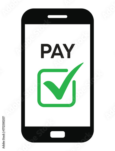 Vector illustration of a smartphone with "PAY" text and a green checkmark, symbolizing successful mobile payment confirmation. Clean, flat design on white background.