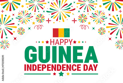 Guinea Independence Day fireworks background, banner, card or poster design template is observed every year during October, to raise awareness about the mission. Vector illustration.