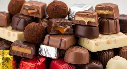 An array of tempting assorted chocolate candies, displaying a variety of colors and fillings