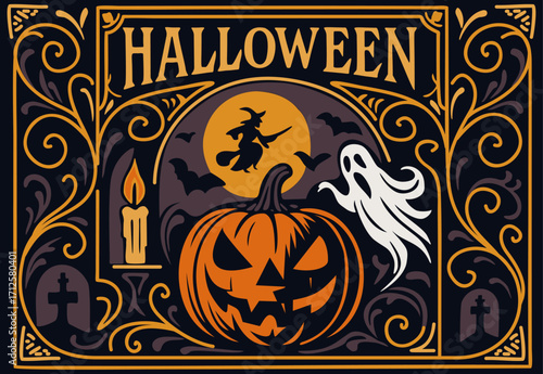 Halloween vector poster. Vintage decorative art deco style