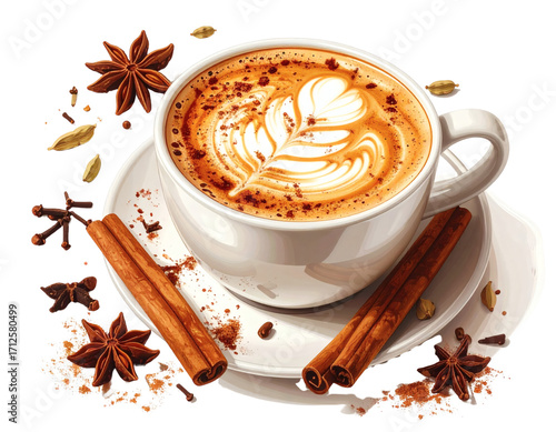 Cup of chai latte with latte art foam, surrounded by spice garnish
