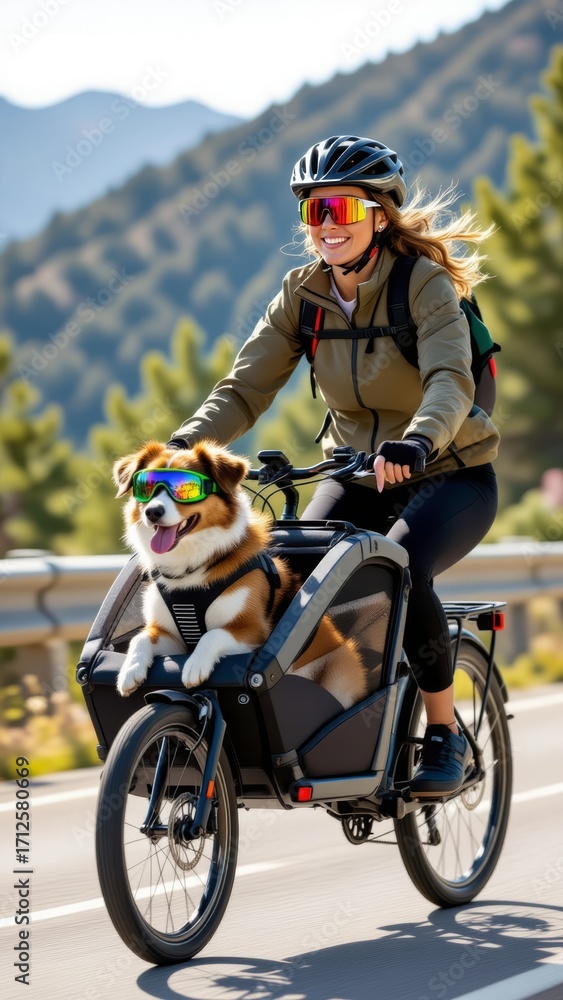 Obraz premium Woman riding bicycle with dog wearing goggles on bike ride in cargo trailer. Sunny day, mountainous backdrop, carefree spirit. Concept of dog wearing goggles on bike ride and sports adventure.