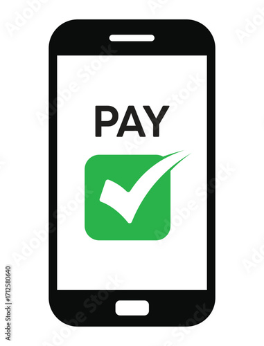 Vector illustration of a smartphone with "PAY" text and a green checkmark, symbolizing successful mobile payment confirmation. Clean, flat design on white background.
