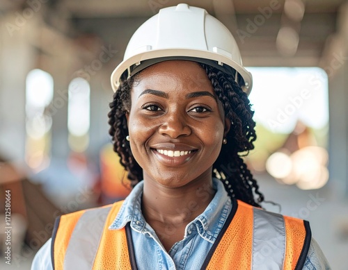 A smiling Black woman wearing a white hard hat and an orange safety vest on a construction site.