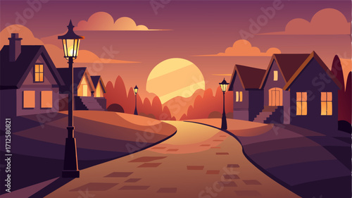 As the sun sets over the horizon the warm glow of streetlamps illuminates the cobbled streets of the idyllic countryside village.
