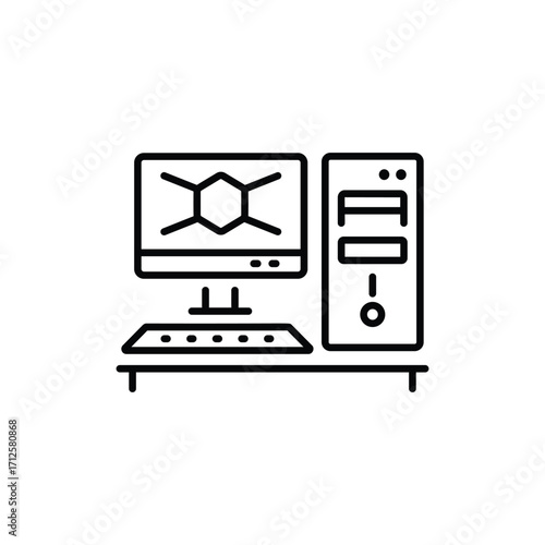 A blackandwhite line art desktop computer including a monitor keyboard and tower case on a table. Line icon. Editable stroke