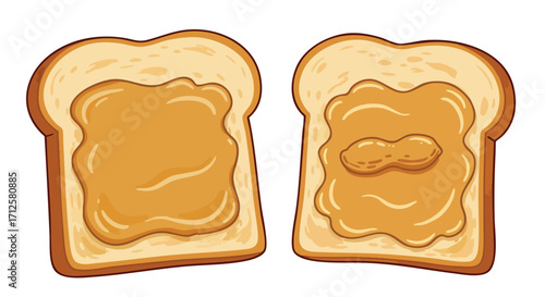 Two slices of bread with peanut butter, one with a peanut.