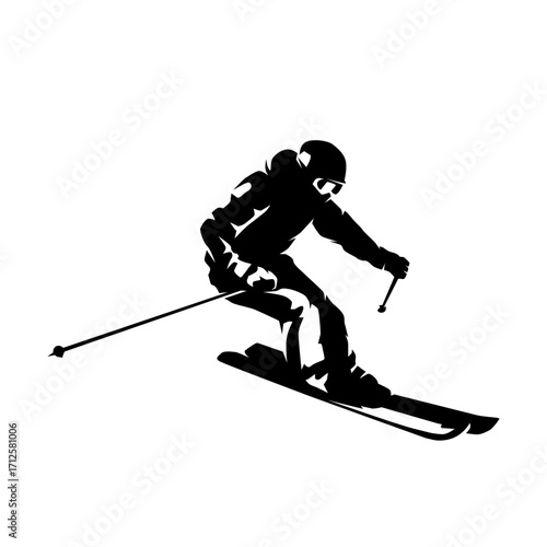 Skier, winter downhill skiing, isolated vector silhouette, high contrast illustration