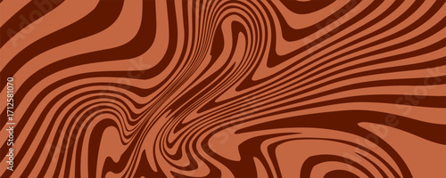Retro coffee color background. Milk chocolate liquid dessert texture. Wavy swirl candy pattern for poster, cover, banner, pamphlet. Vintage brown trippy hippie wallpaper in 60s or 70s style. Vector