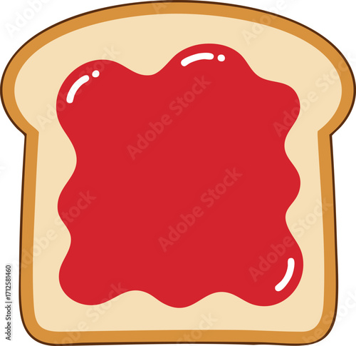 A cartoon illustration of a single slice of light brown toast generously covered with a thick layer of vibrant red jam or jelly, presented against a white background.