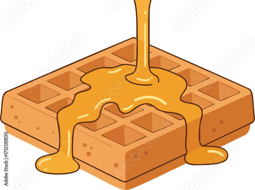 A delicious square waffle is being covered with a generous amount of golden syrup, creating a tempting breakfast scene.