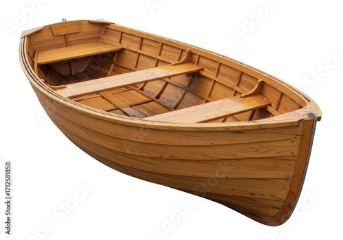 Photography Isolated wooden rowboat, a small open boat propelled by oars used for rowing or
