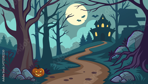 Scary Halloween Background with Haunted House, Forest and Moonlight