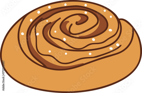A detailed illustration of a delicious cinnamon roll with icing and a spiral shape.