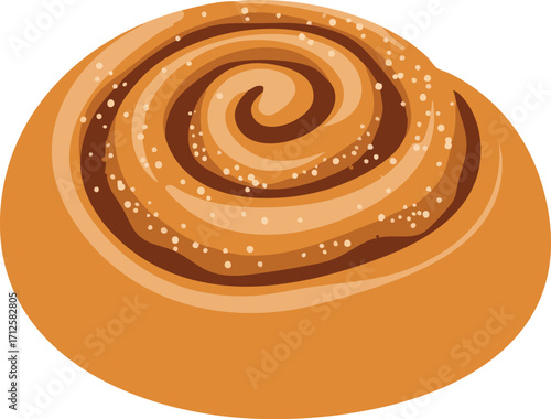Close-up of a golden brown cinnamon roll, showing its spiral pattern and a sprinkle of sugar.