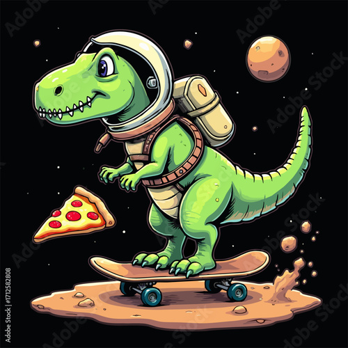 Vector drawing for children, teenager t-shirt. 
Cute green dinosaur in space with pizza, 
asteroid, moon on skateboard 
isolated on black background. Cartoon 
design for fabric, paper, clothing.