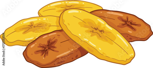 Illustration of a pile of yellow and brown dried banana or plantain chips, a popular tropical snack.