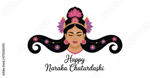 Elegant woman with floral hair design, jewelry, lotus and bindi celebrating Naraka Chaturdashi, symbolizing cultural beauty and devotion