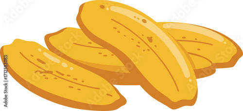 Close-up of several yellow plantain slices arranged together, showing details of the fruit.
