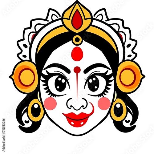 Vibrant cartoon depiction of goddess durga s face with expressive eyes and traditional indian adornments