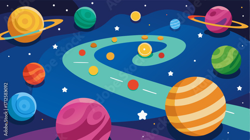 A colorful mural of the solar system painted on the ground with kids using it as a guide for a game of hopscotch.