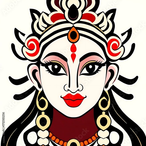 Vibrant illustration of a goddess with elaborate headdress and ornate jewelry evoking spiritual and cultural themes