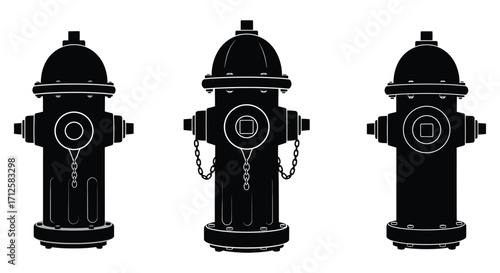 Three black fire hydrants displayed in a row a bold silhouette