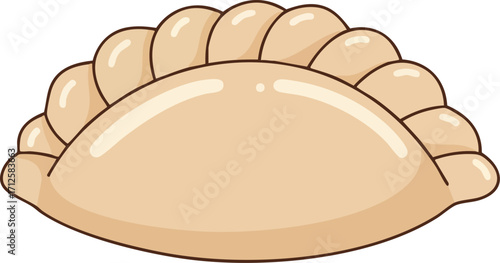 A simple cartoon illustration of a single, uncooked dumpling with a pleated, crimped edge.