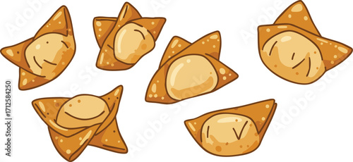 Illustration of several golden-brown wontons, each filled with a creamy, light-colored filling, arranged on a white background.
